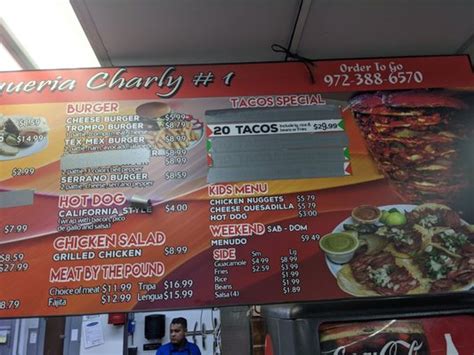 Taqueria charly - Taqueria Charly. Add to wishlist. Add to compare. Share. #219 of 292 Mexican restaurants in Irving. Add a photo. 14 photos. You will be served Mexican …